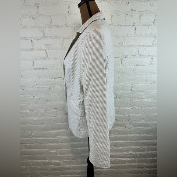 Dalia Pinstripe Seersucker Taupe Cream Stripe Single Breasted Blazer Women’s XL - Picture 3 of 8